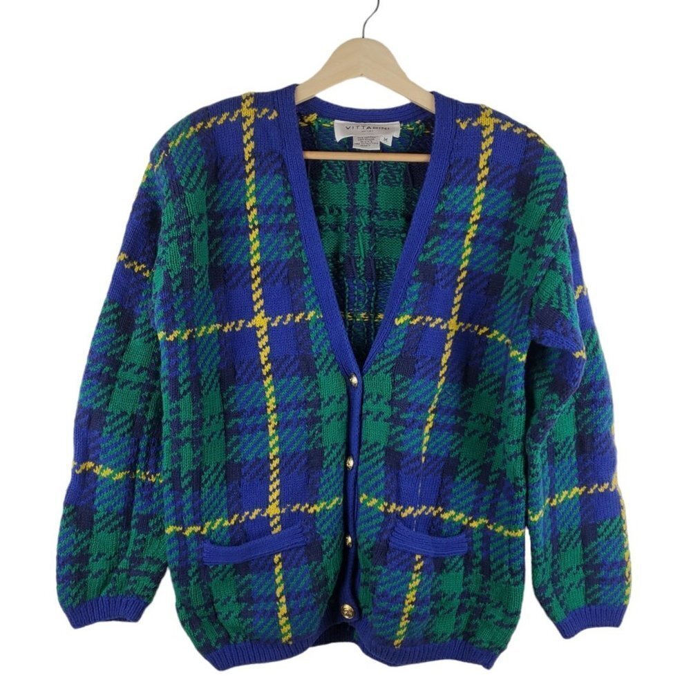 Vintage Vittadini Sport‎ Cardigan Medium Tartan Green Blue plaid Preppy Academia